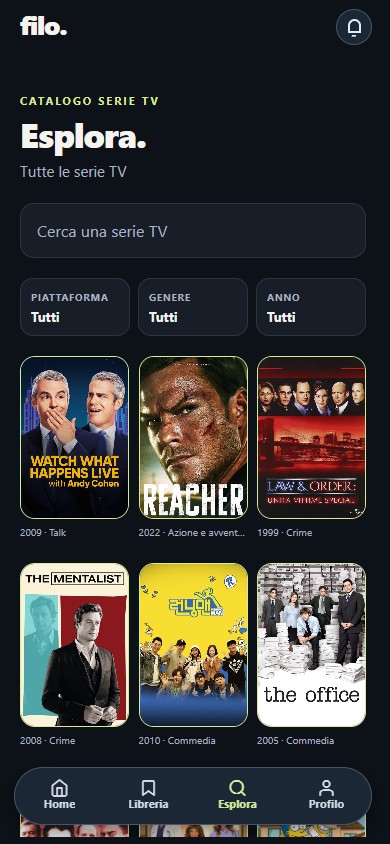 Esplora: il catalogo delle serie TV con ricerca, filtri per piattaforma, genere e anno e la griglia delle locandine.