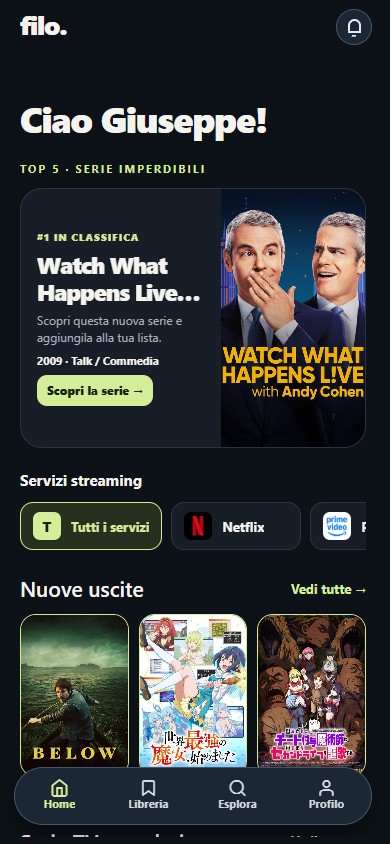 La Home di Filo: saluto personale, Top 5 delle serie imperdibili con Reacher in prima posizione, filtri per servizio di streaming e nuove uscite.