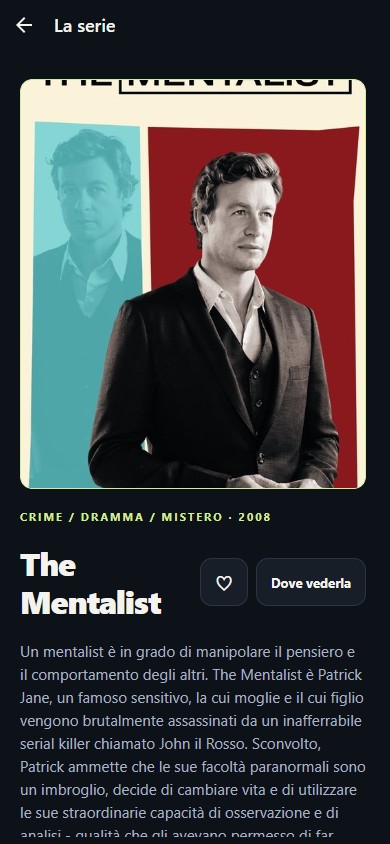 La scheda di The Mentalist: locandina, generi, anno, pulsante Da vedere e pulsante Dove vederla.