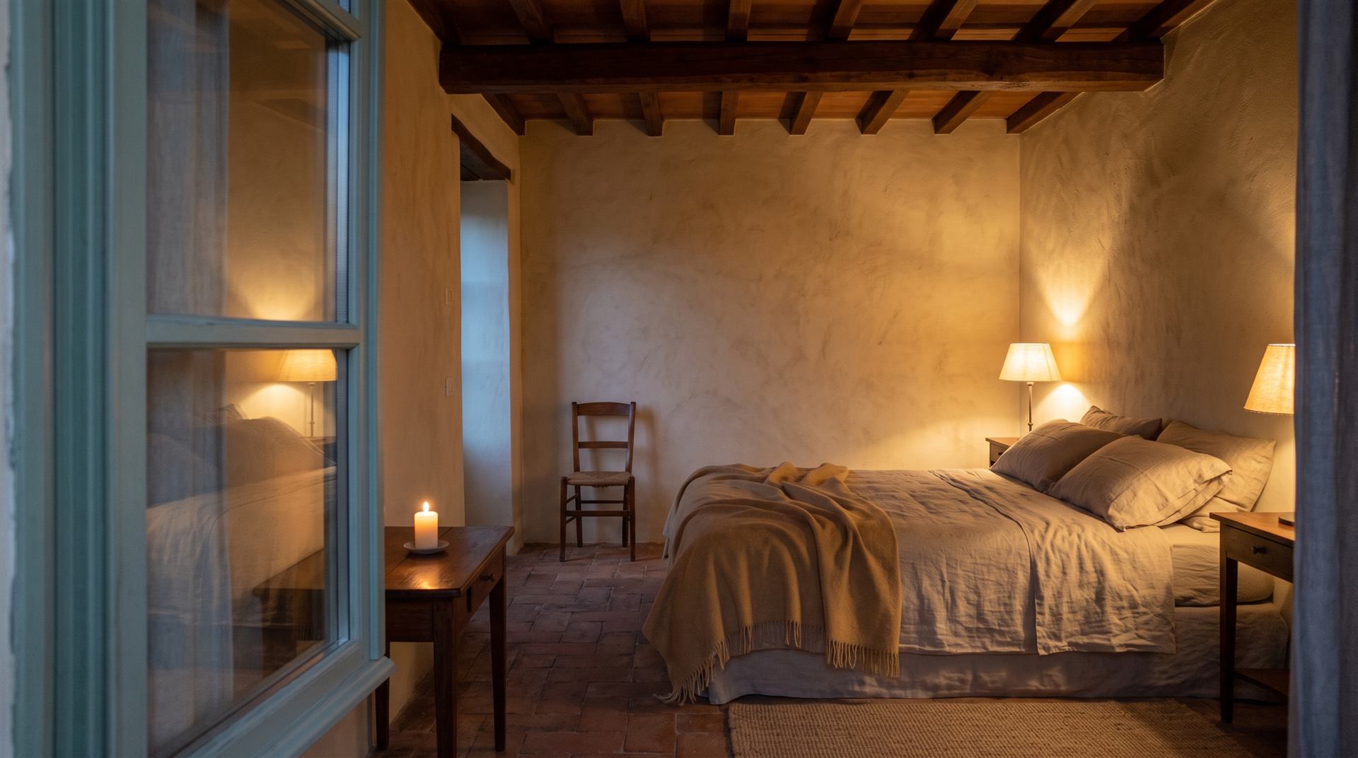La camera della residenza Il Fienile, con travi di castagno e luci soffuse