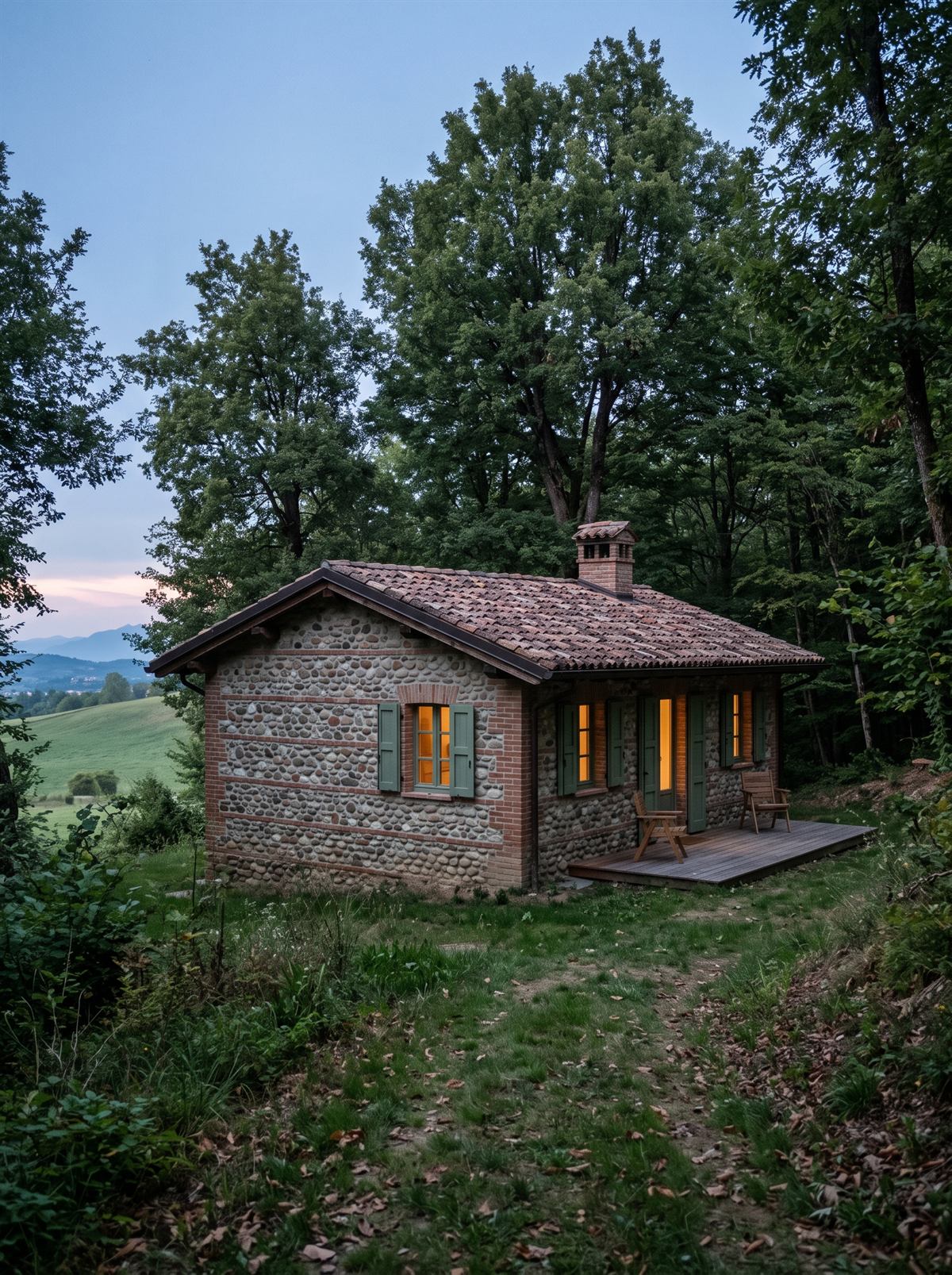 Casa nel Bosco al crepuscolo, al limitare del castagneto