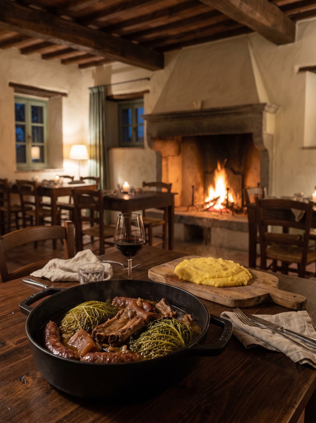 La cassœula con la polenta, sul tavolo dell'osteria