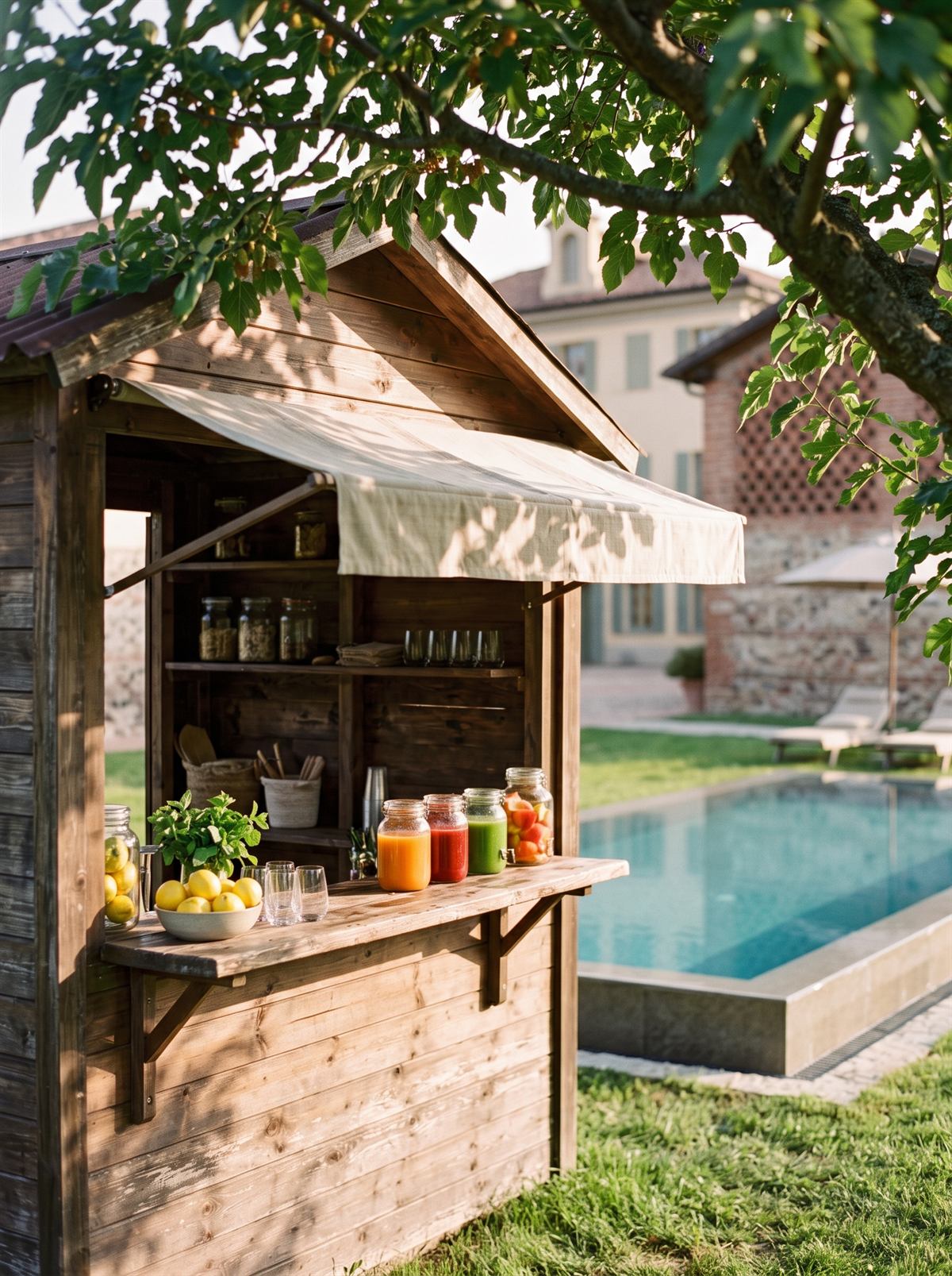 Il chiosco in legno accanto alla piscina, con le centrifughe dell'orto