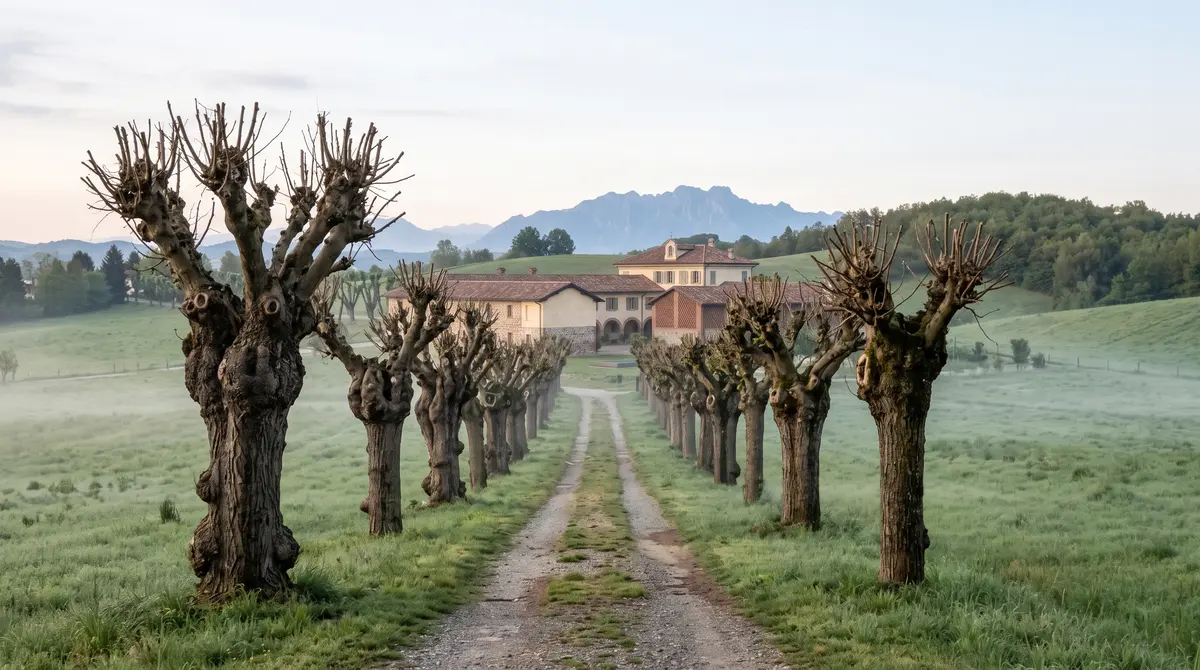 Il viale dei gelsi che porta alla cascina, al mattino