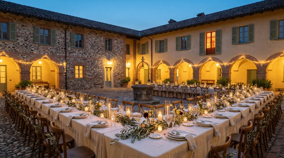 La corte apparecchiata per una cena di nozze, con candele e lucine sotto il portico