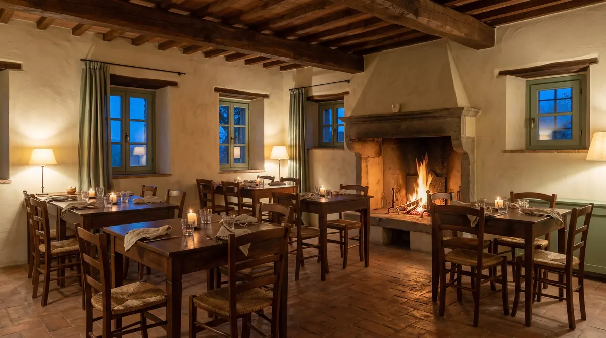 La sala dell'osteria con il grande camino acceso