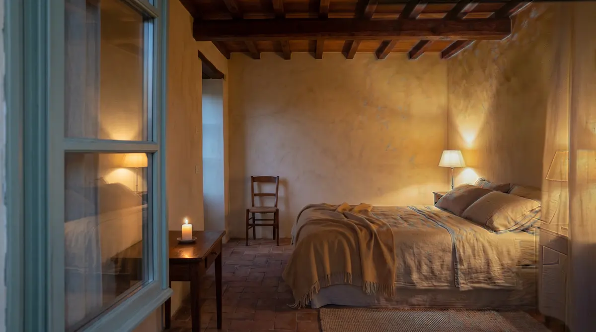 La camera della residenza Il Fienile a luci soffuse