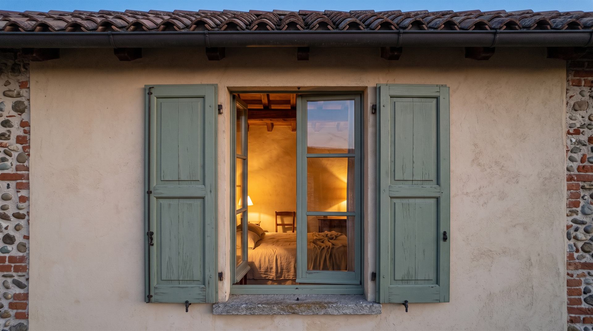 Una finestra della cascina con le persiane verde salvia aperte e la luce calda della camera