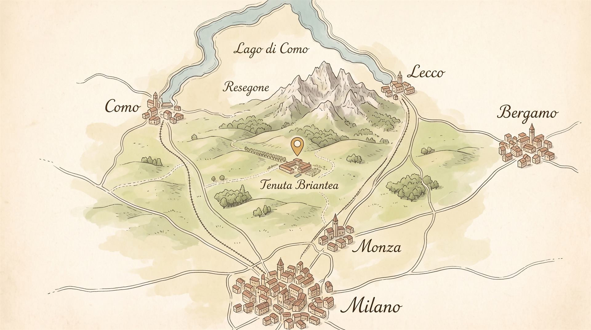 Mappa illustrata della Brianza: la tenuta tra Milano, Monza, Como, Lecco e Bergamo
