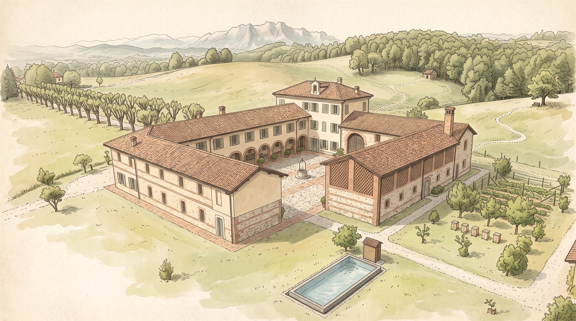 Mappa illustrata ad acquerello della tenuta