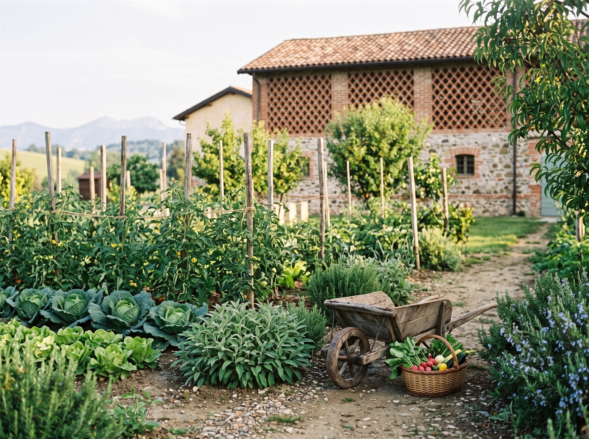 L'orto della tenuta al mattino, con la carriola e le verdure appena raccolte