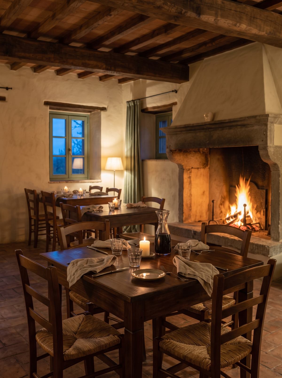 Un tavolo apparecchiato nella sala dell'osteria, davanti al camino acceso