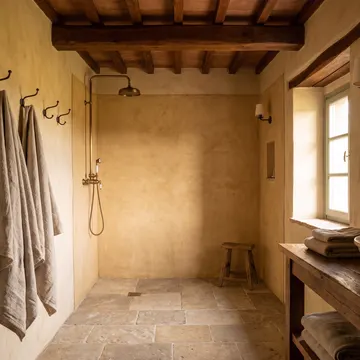 Il bagno in pietra con la doccia a pioggia e gli asciugamani di lino