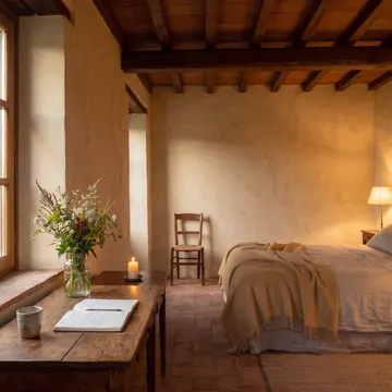 Lo scrittoio in legno con un taccuino, una tazza e un mazzo di fiori di campo